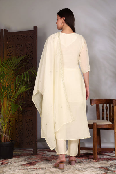 Hand Work Mul Chanderi Suit Offwhite