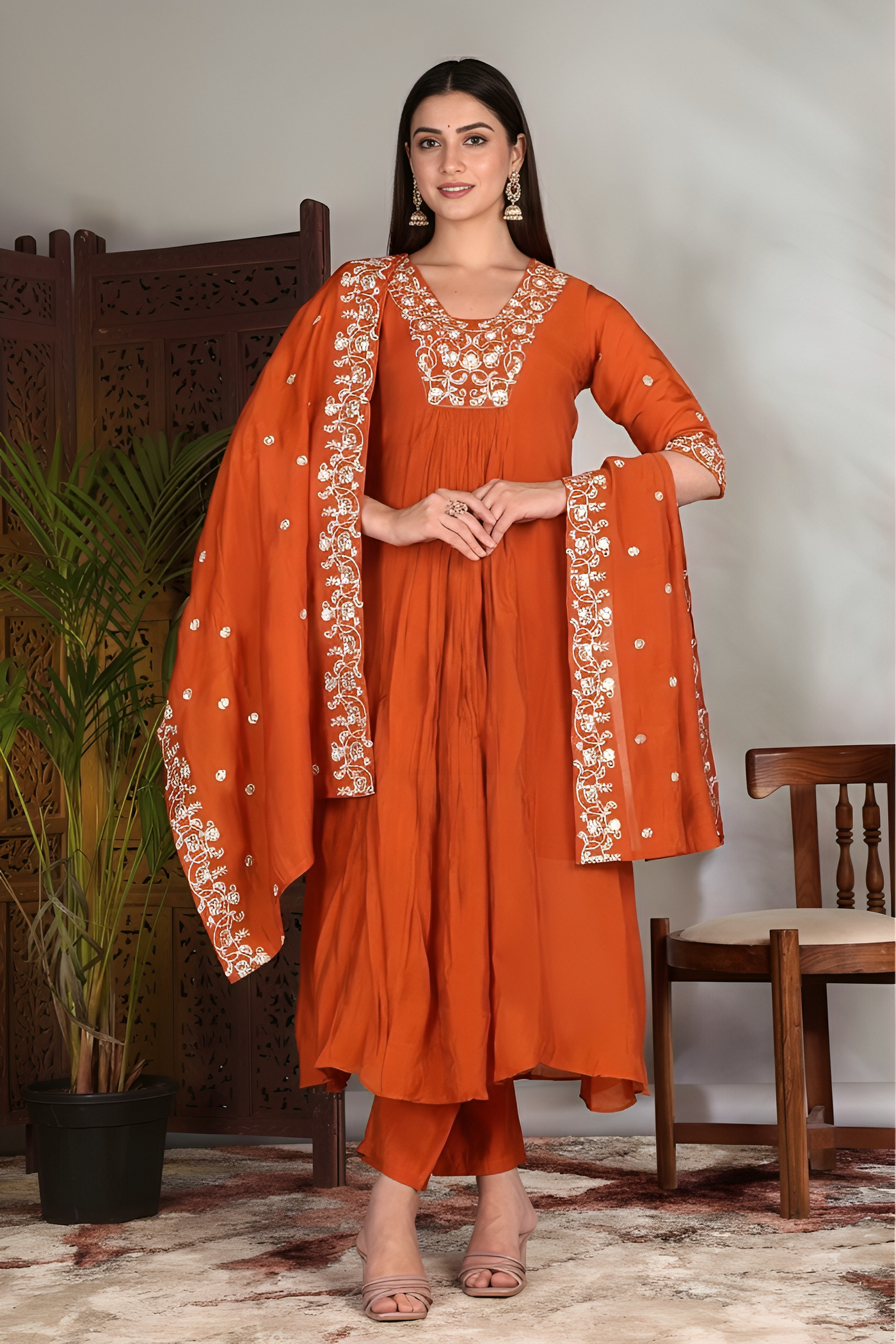 Hand Work Mul Chanderi Suit Rust