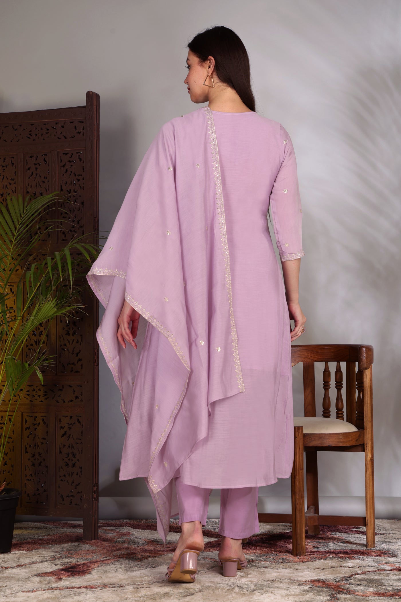 Hand Work Mul Chanderi Suit Lylac
