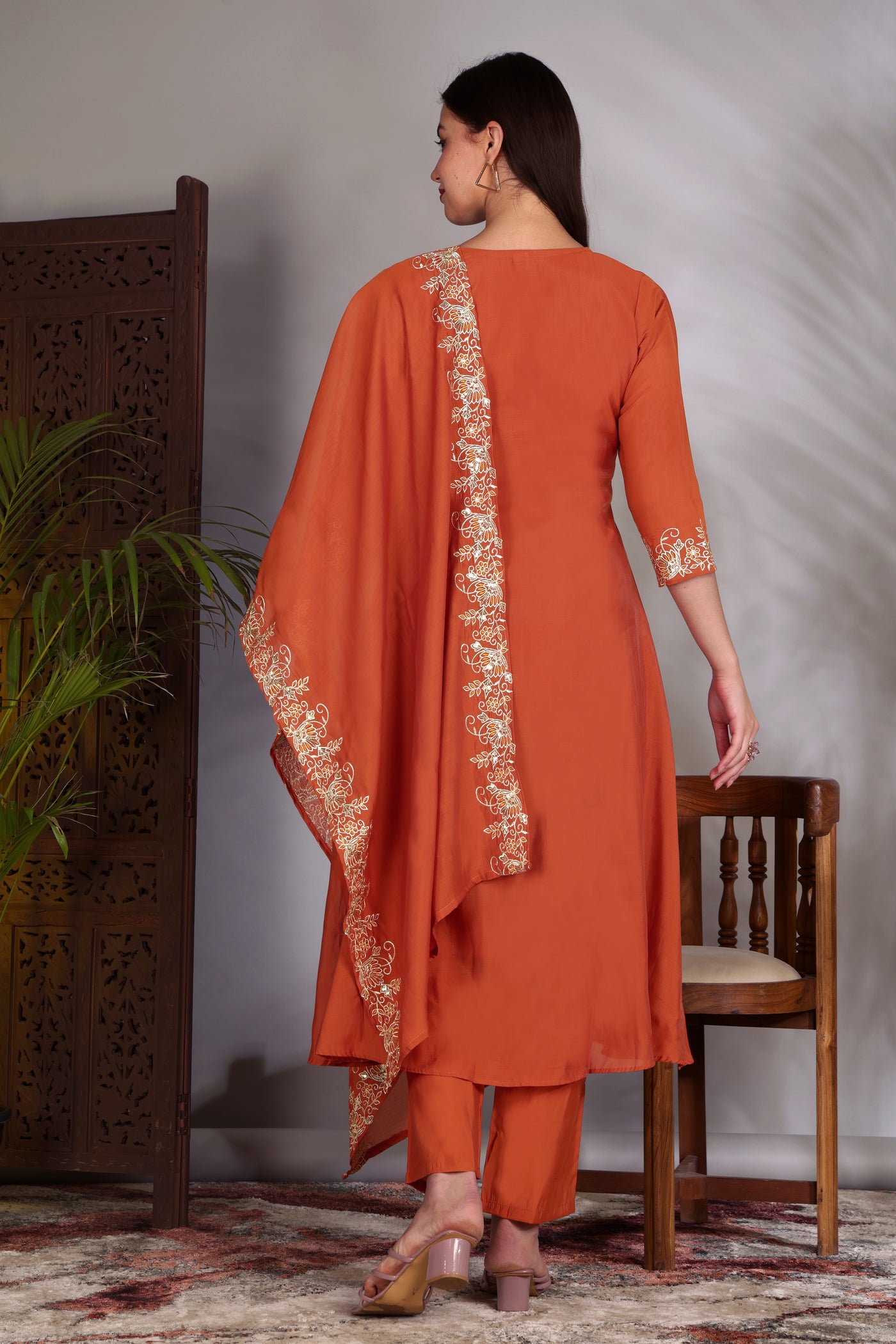 Hand Work Mul Chanderi Suit Rust