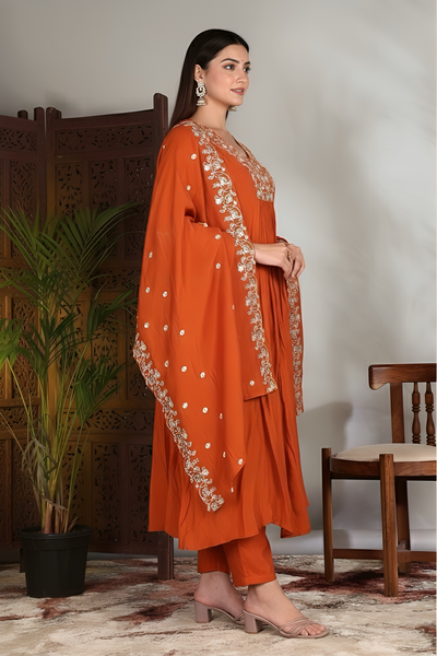 Hand Work Mul Chanderi Suit Rust