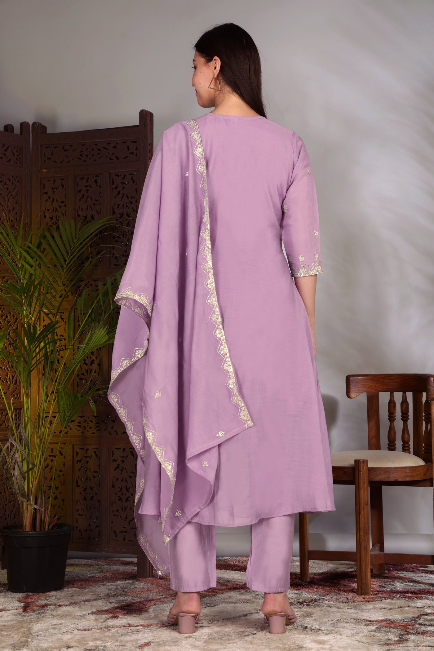 Hand Work Mul Chanderi Suit Purple