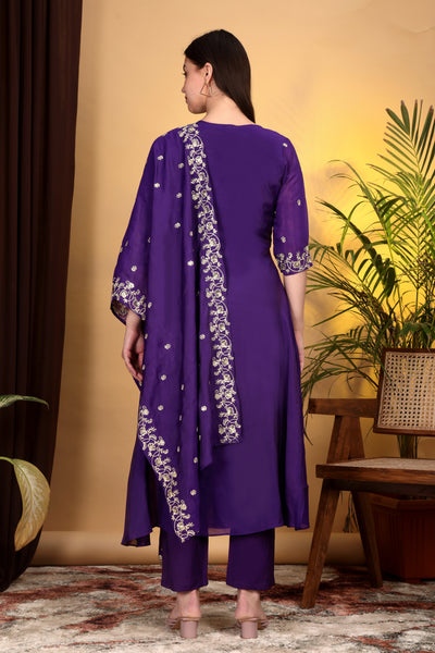 Hand Work Mul Chanderi Suit Violet