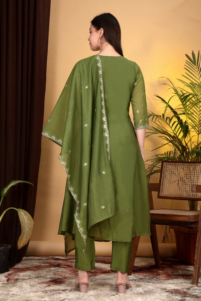 Hand Work Mul Chanderi Suit Mehendi