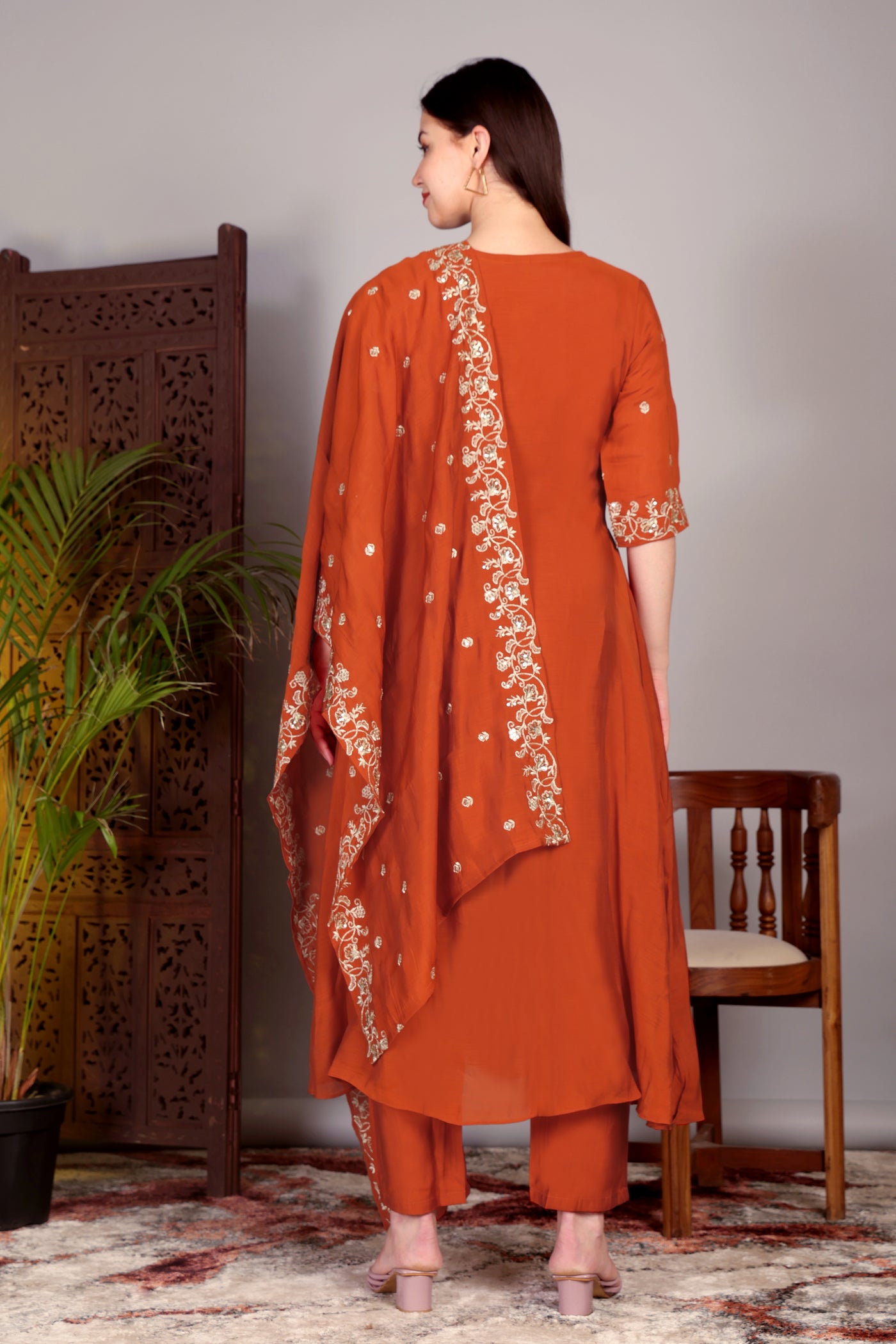 Hand Work Mul Chanderi Suit Rust