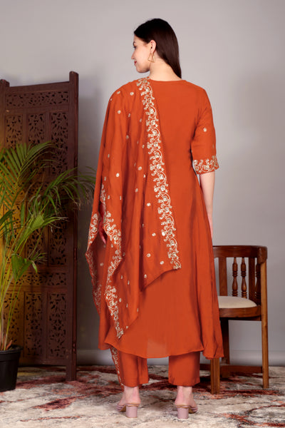 Hand Work Mul Chanderi Suit Rust