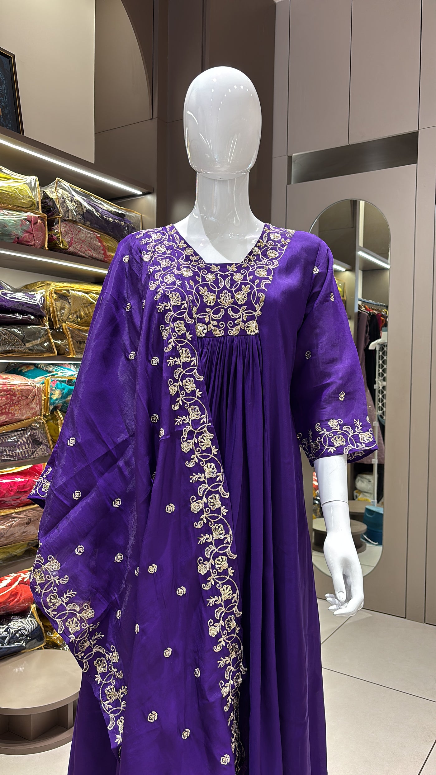 Hand Work Mul Chanderi Suit Violet