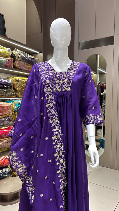 Hand Work Mul Chanderi Suit Violet