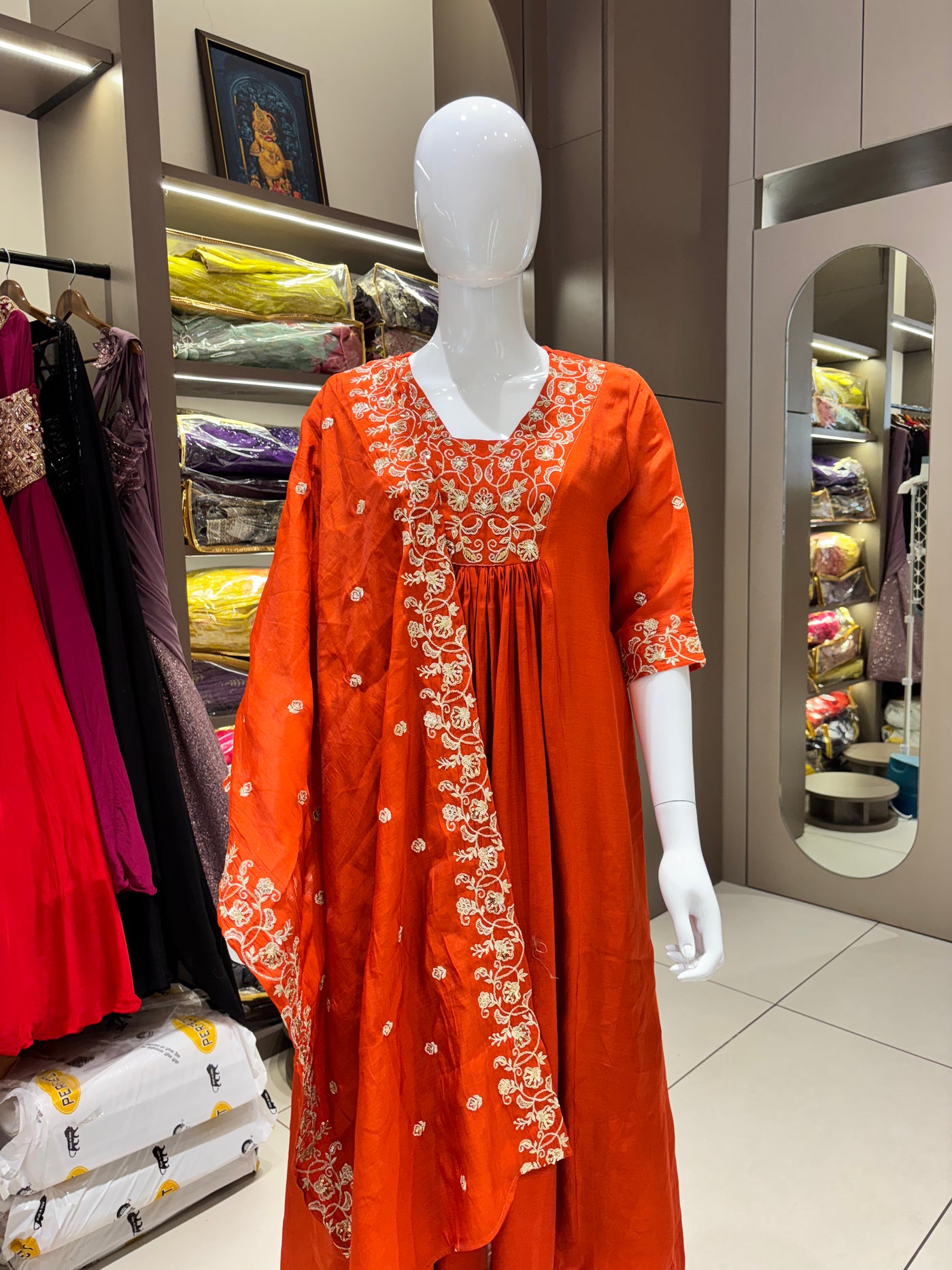 Hand Work Mul Chanderi Suit Rust