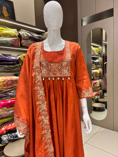 Hand Work Mul Chanderi Suit Rust