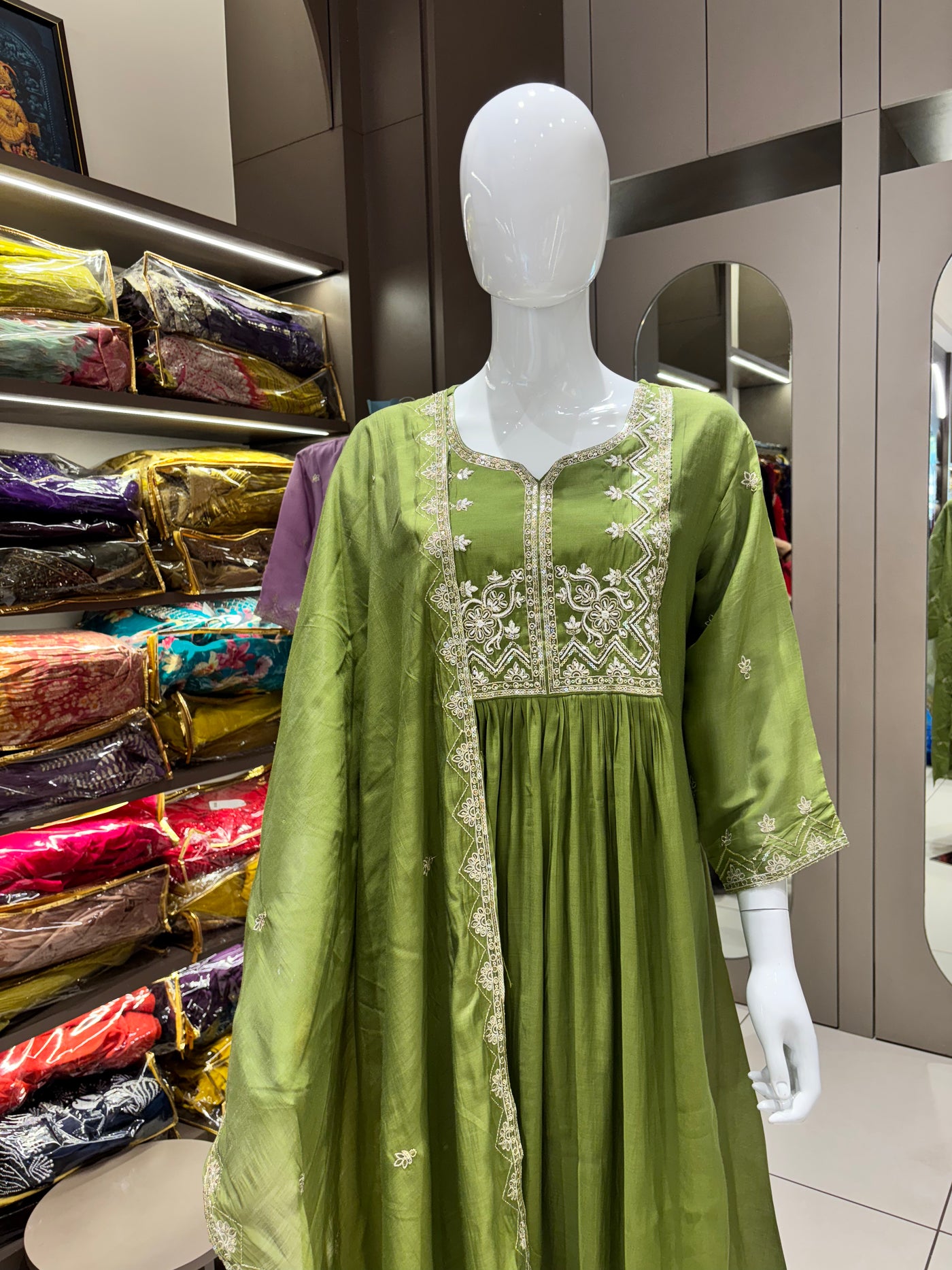 Hand Work Mul Chanderi Suit Mehendi