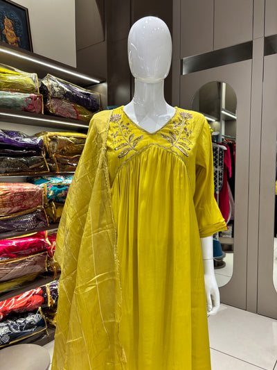 Hand Work Mul Chanderi Suit Yellow