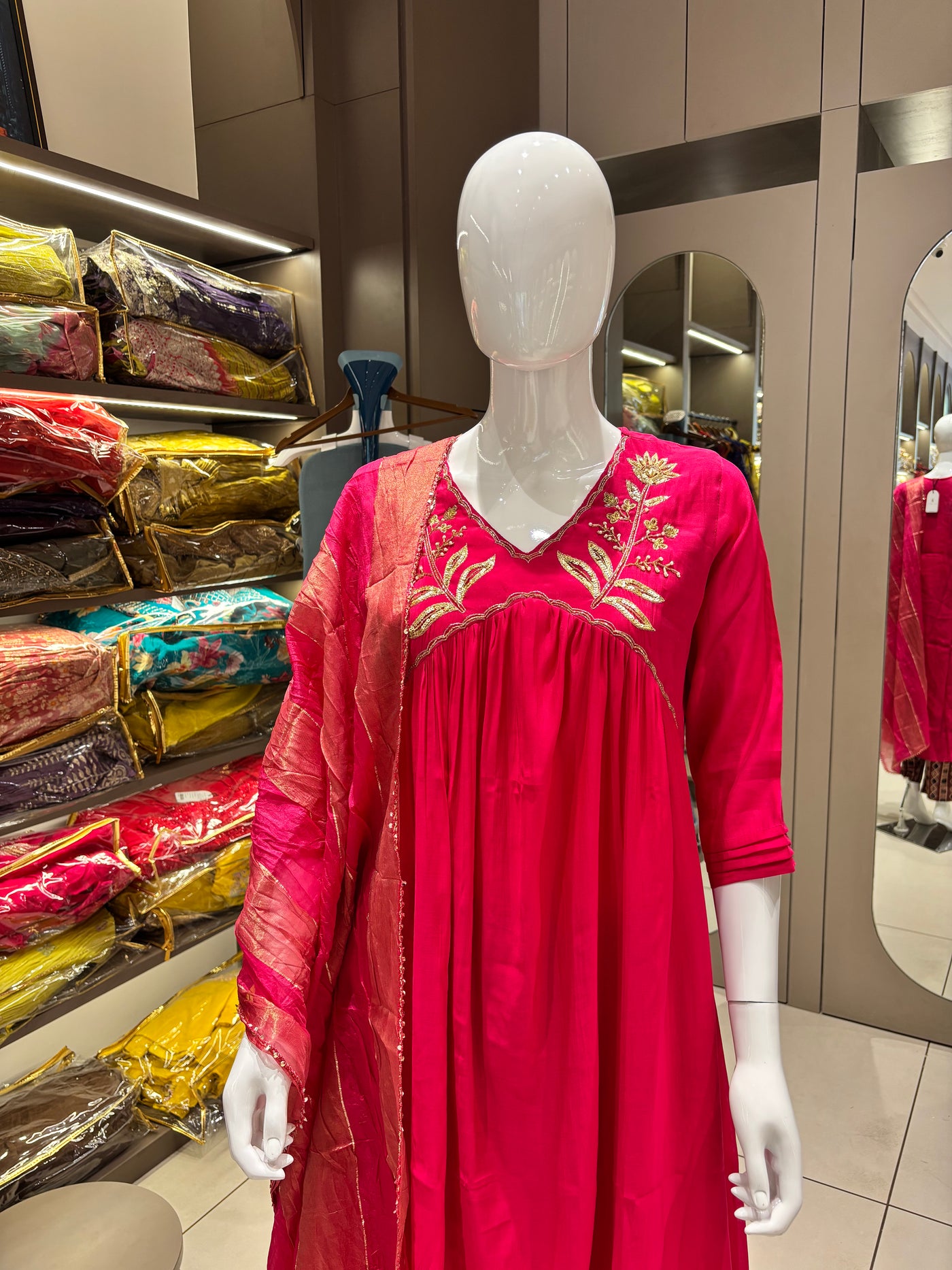 Hand Work Mul Chanderi suit Red