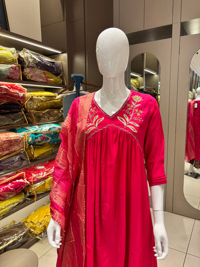 Hand Work Mul Chanderi suit Red