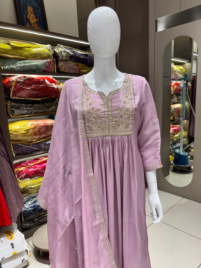Hand Work Mul Chanderi Suit Lylac