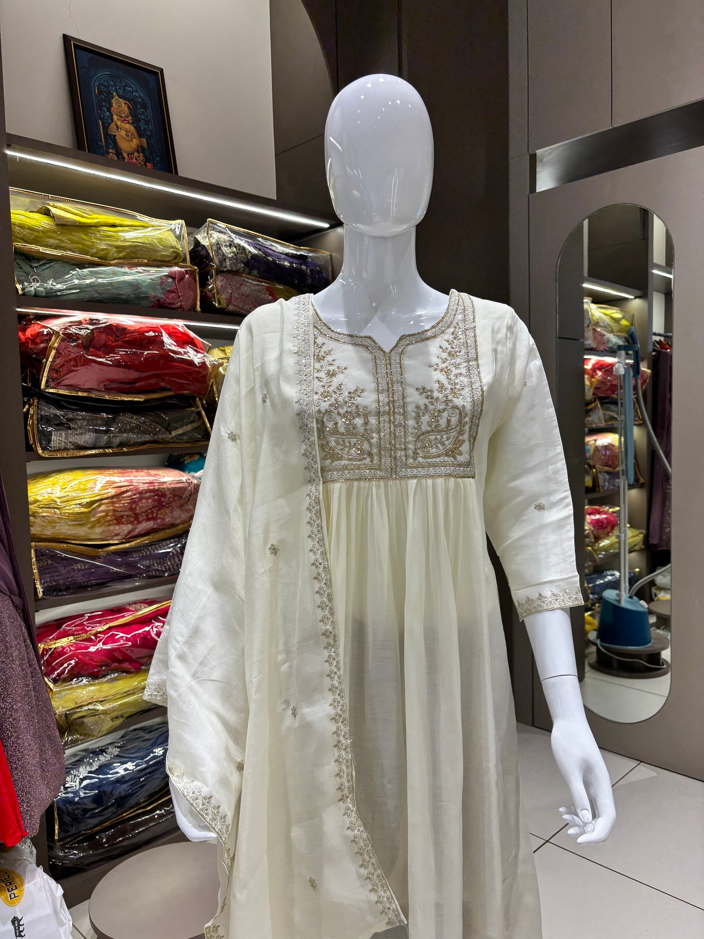 Hand Work Mul Chanderi Suit Offwhite