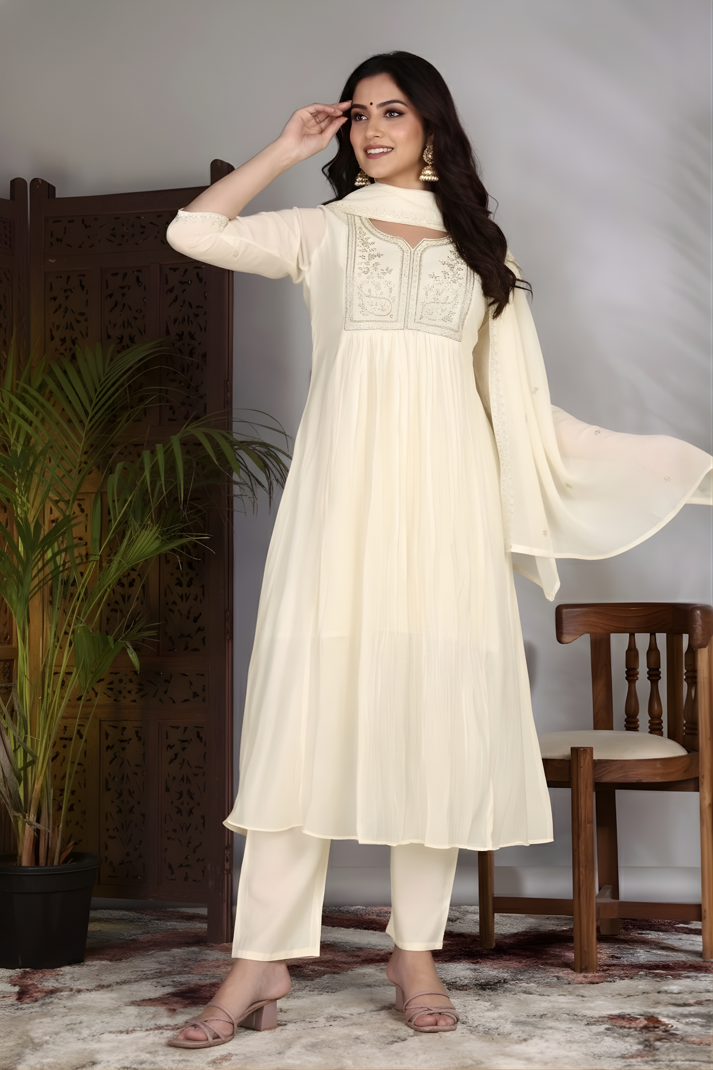 Hand Work Mul Chanderi Suit Offwhite