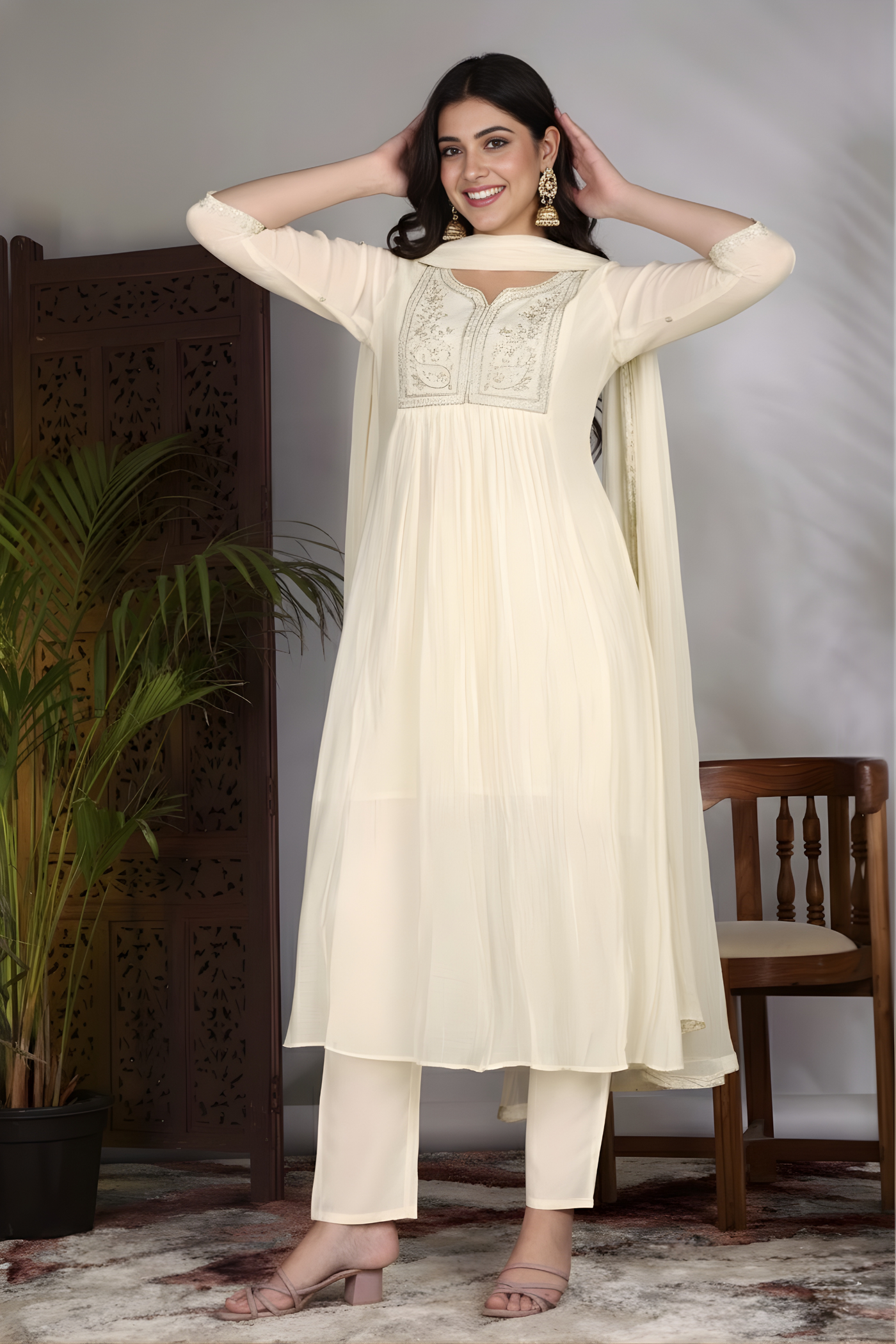 Hand Work Mul Chanderi Suit Offwhite