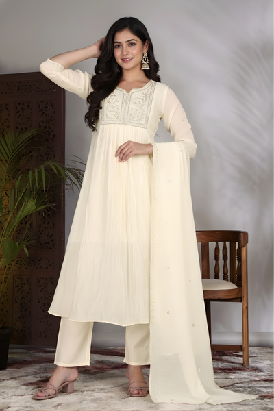 Hand Work Mul Chanderi Suit Offwhite