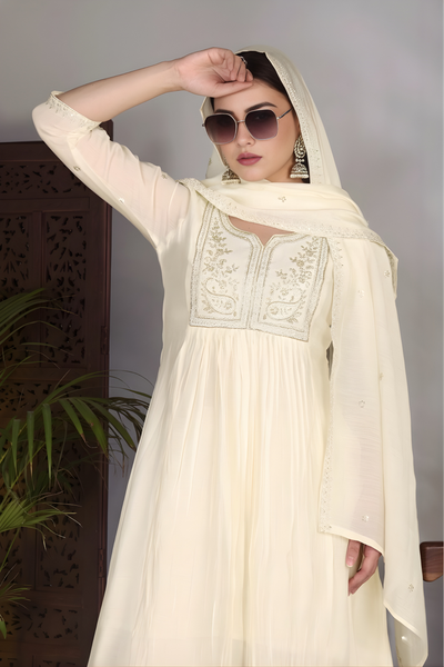 Hand Work Mul Chanderi Suit Offwhite