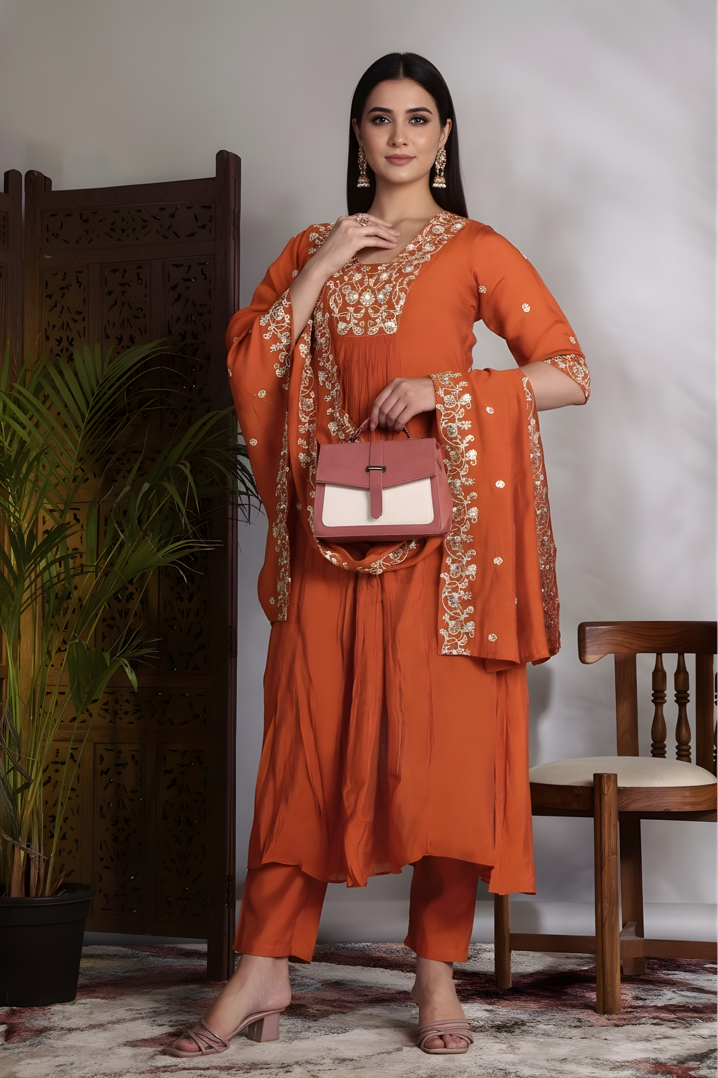 Hand Work Mul Chanderi Suit Rust