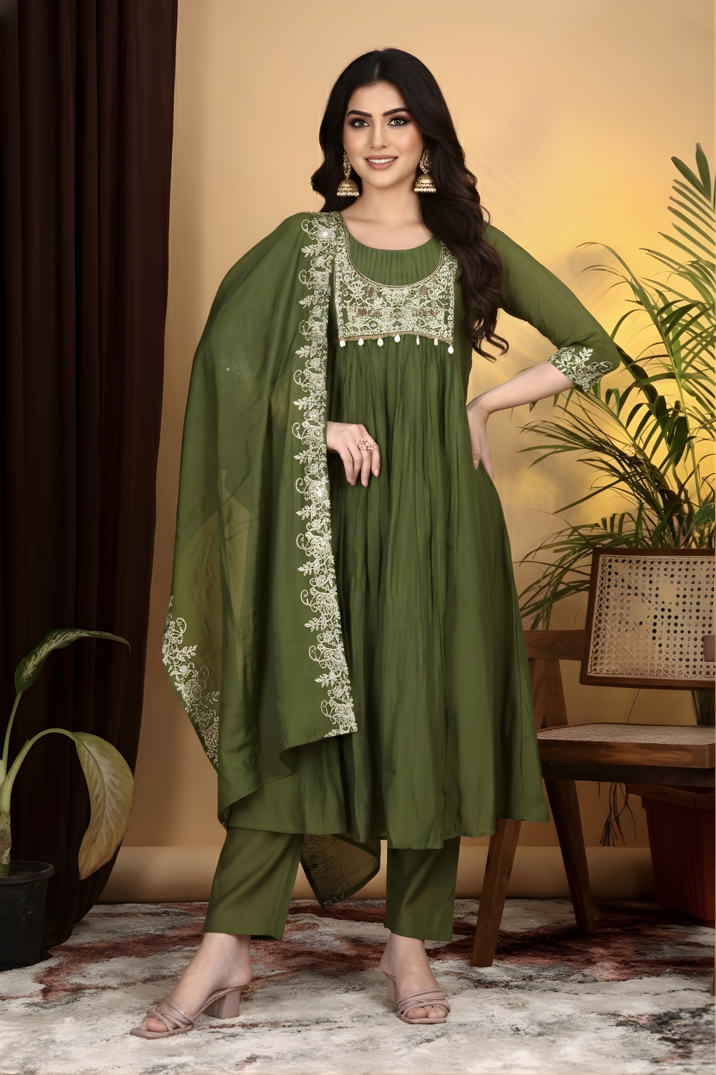 Hand Work Mul Chanderi Suit Mehendi