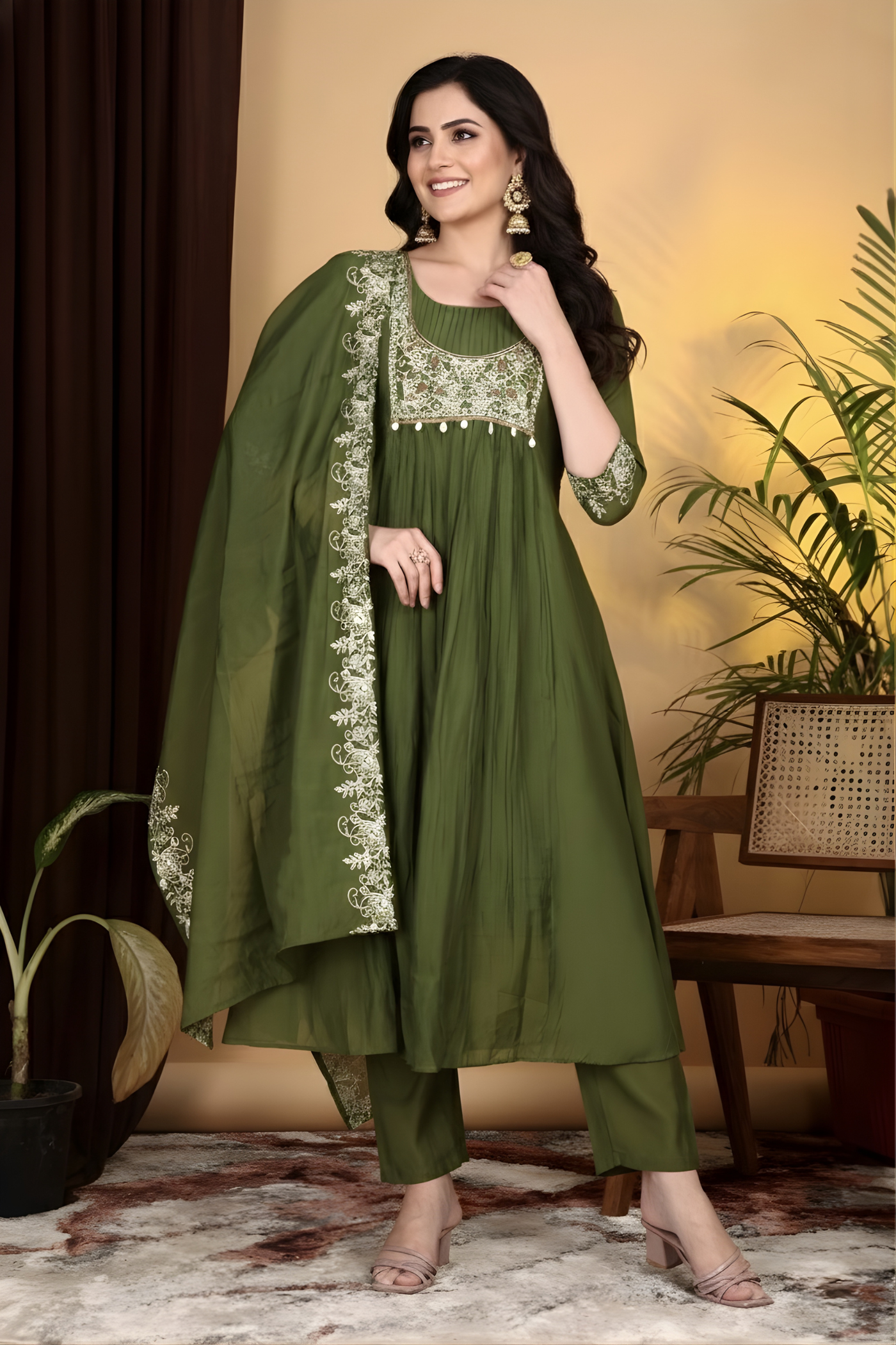 Hand Work Mul Chanderi Suit Mehendi