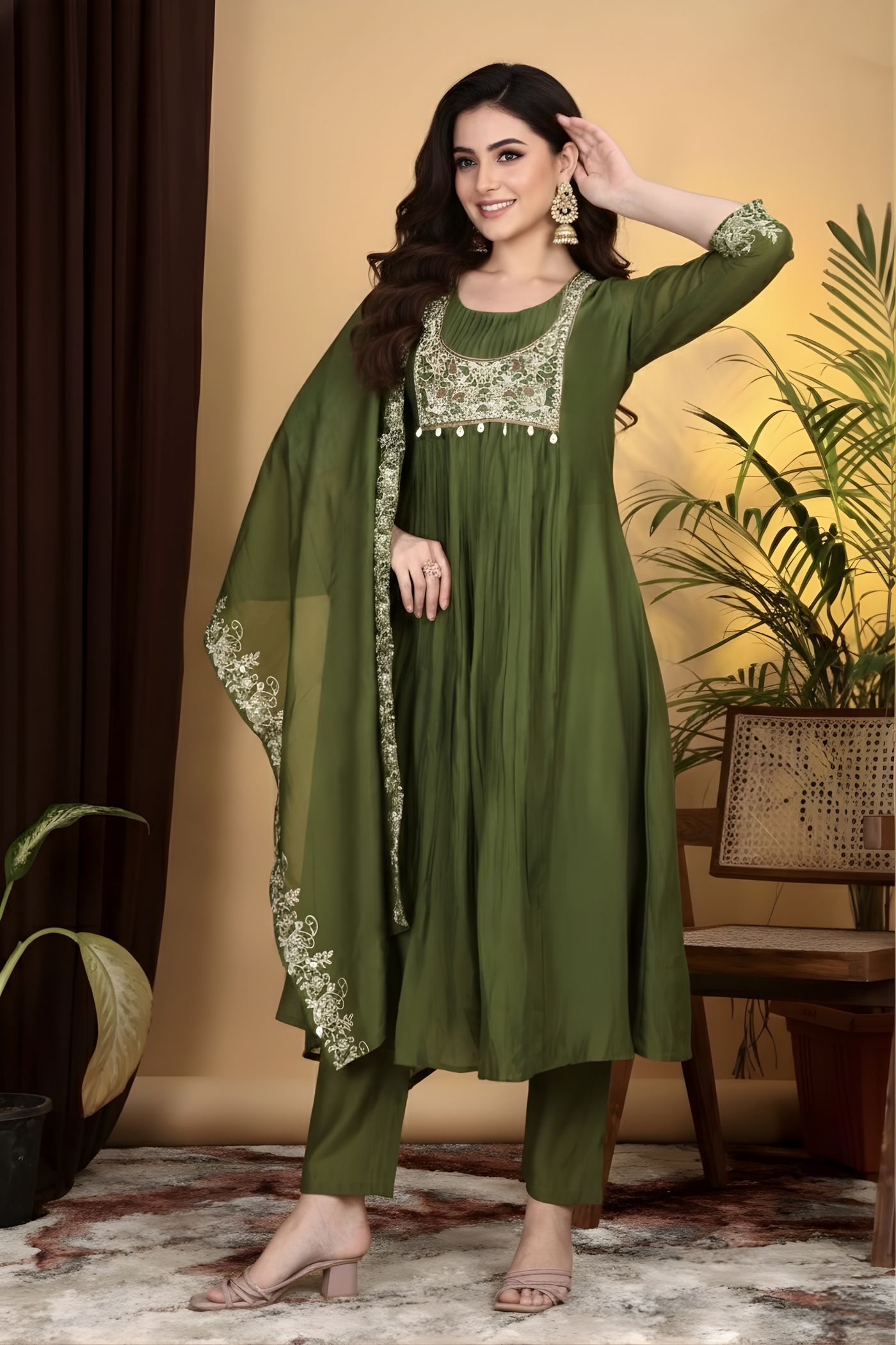 Hand Work Mul Chanderi Suit Mehendi