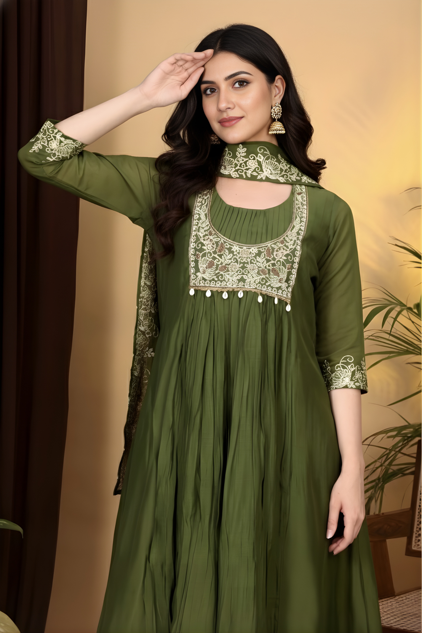 Hand Work Mul Chanderi Suit Mehendi