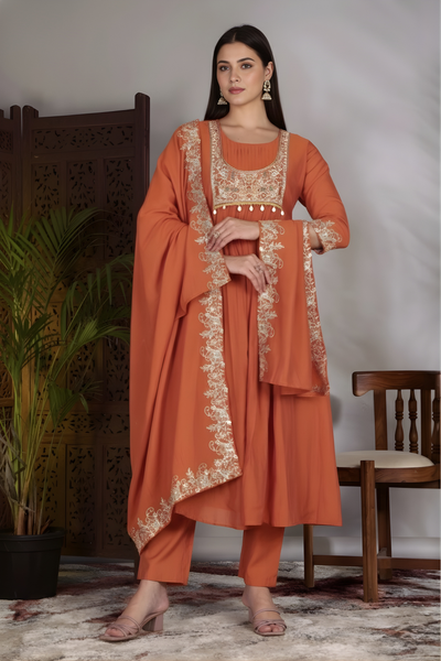 Hand Work Mul Chanderi Suit Rust