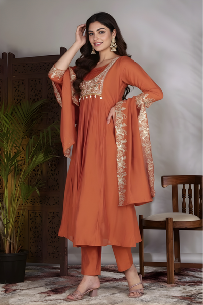 Hand Work Mul Chanderi Suit Rust
