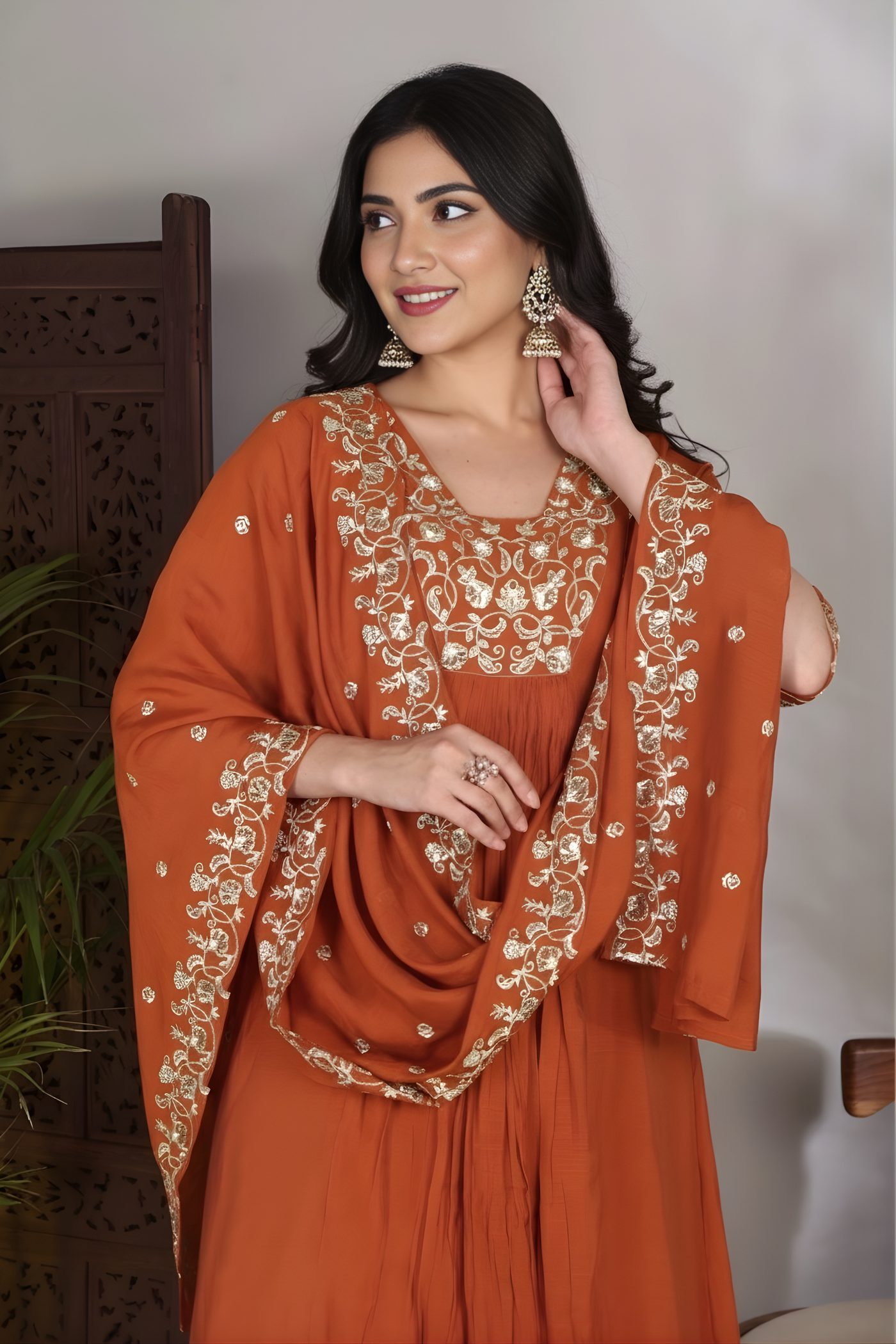 Hand Work Mul Chanderi Suit Rust