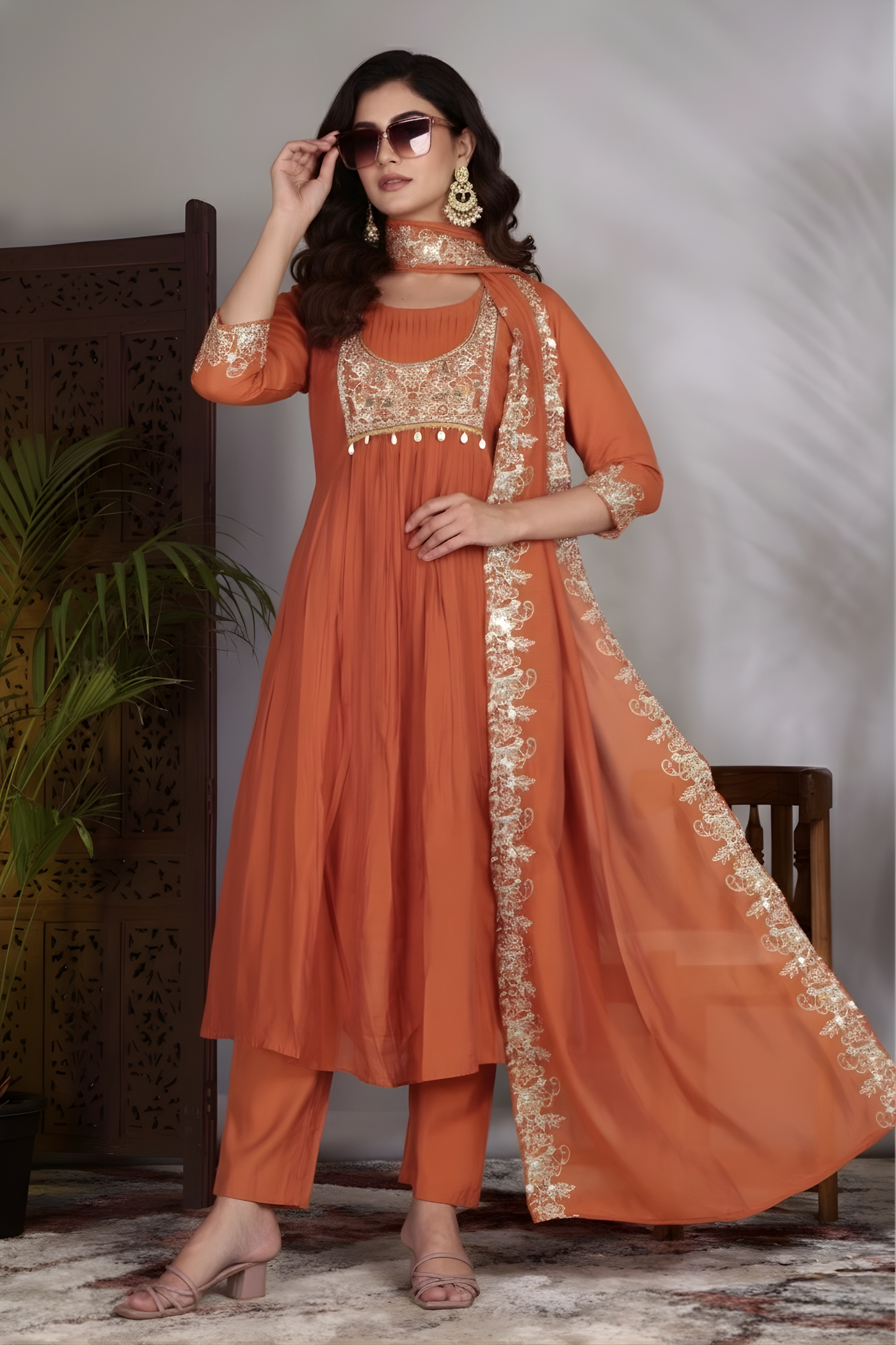 Hand Work Mul Chanderi Suit Rust