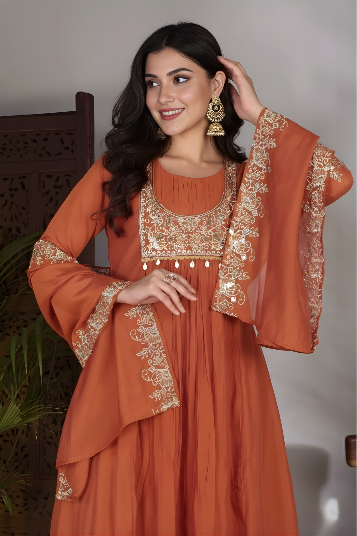 Hand Work Mul Chanderi Suit Rust