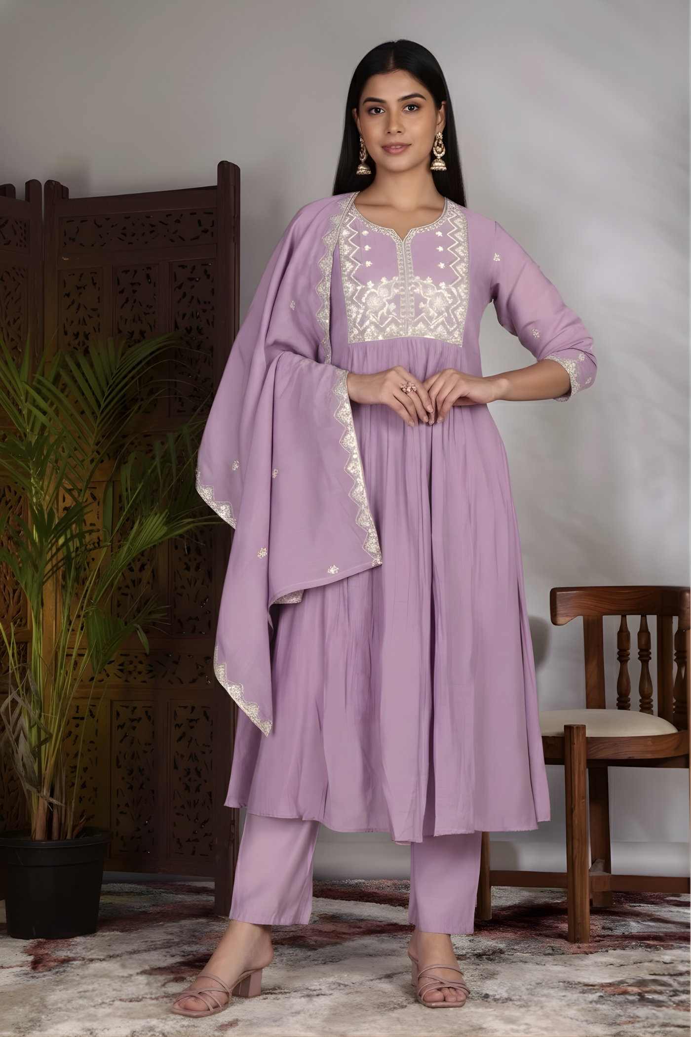Hand Work Mul Chanderi Suit Purple