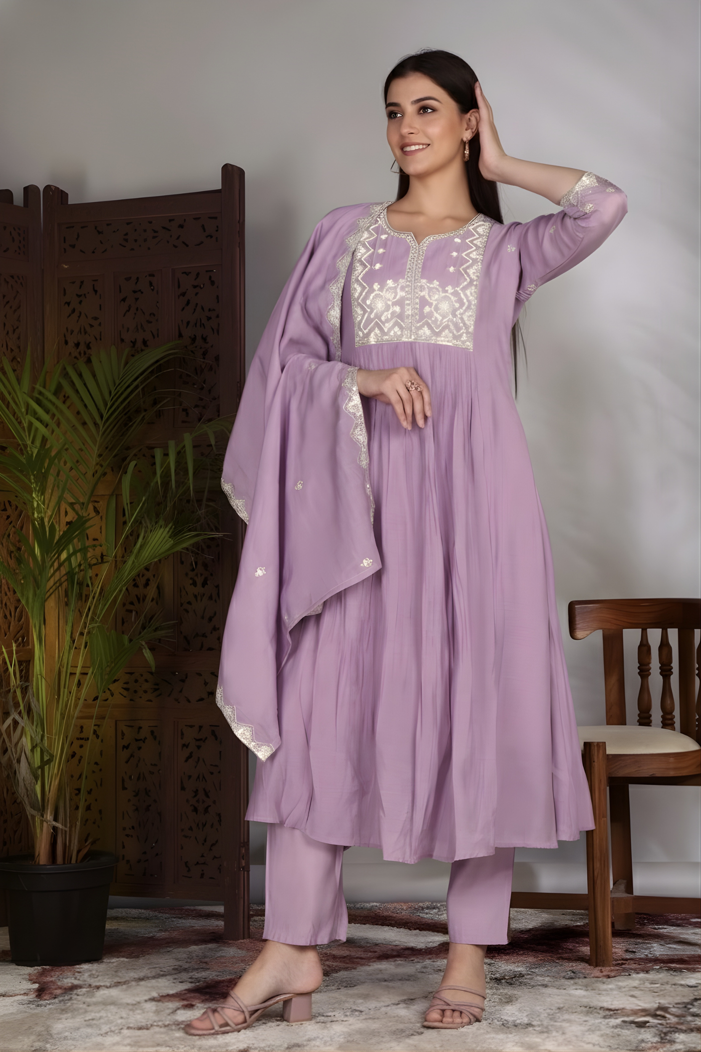 Hand Work Mul Chanderi Suit Purple