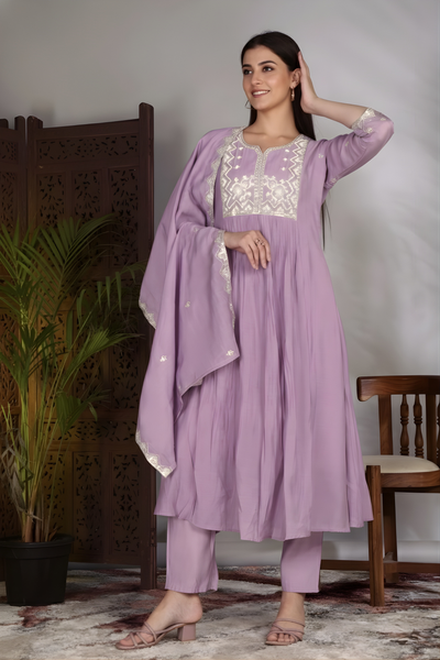 Hand Work Mul Chanderi Suit Purple