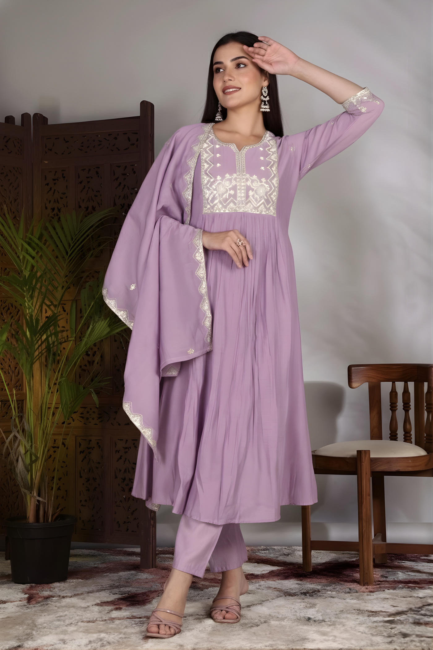 Hand Work Mul Chanderi Suit Purple