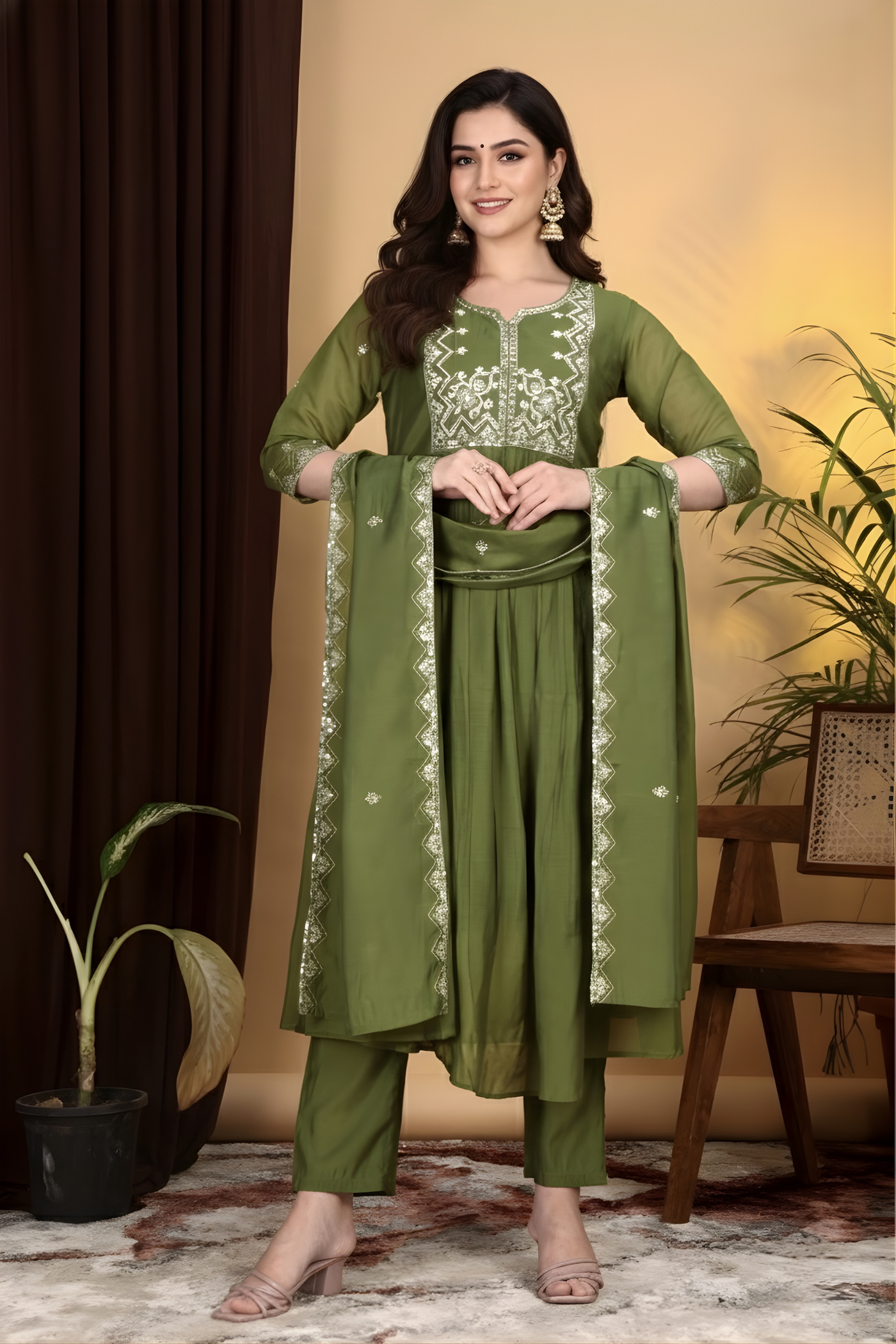 Hand Work Mul Chanderi Suit Mehendi