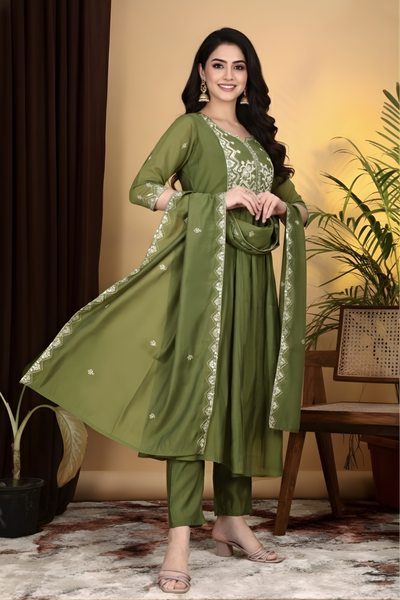 Hand Work Mul Chanderi Suit Mehendi