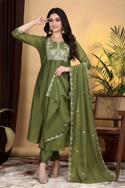 Hand Work Mul Chanderi Suit Mehendi