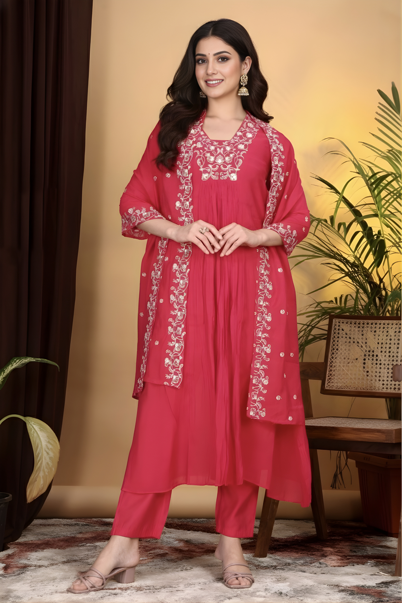 Hand Work Mul Chanderi Suit Pink