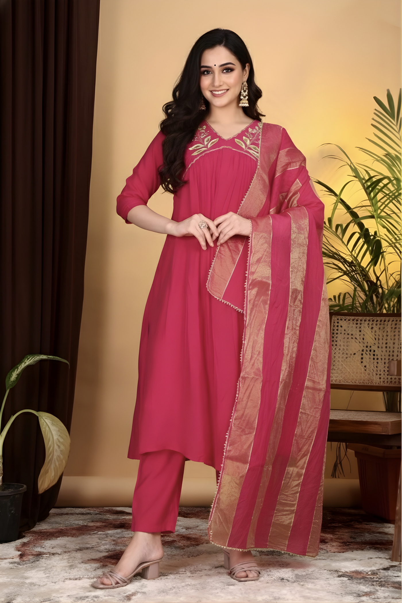 Hand Work Mul Chanderi suit Red