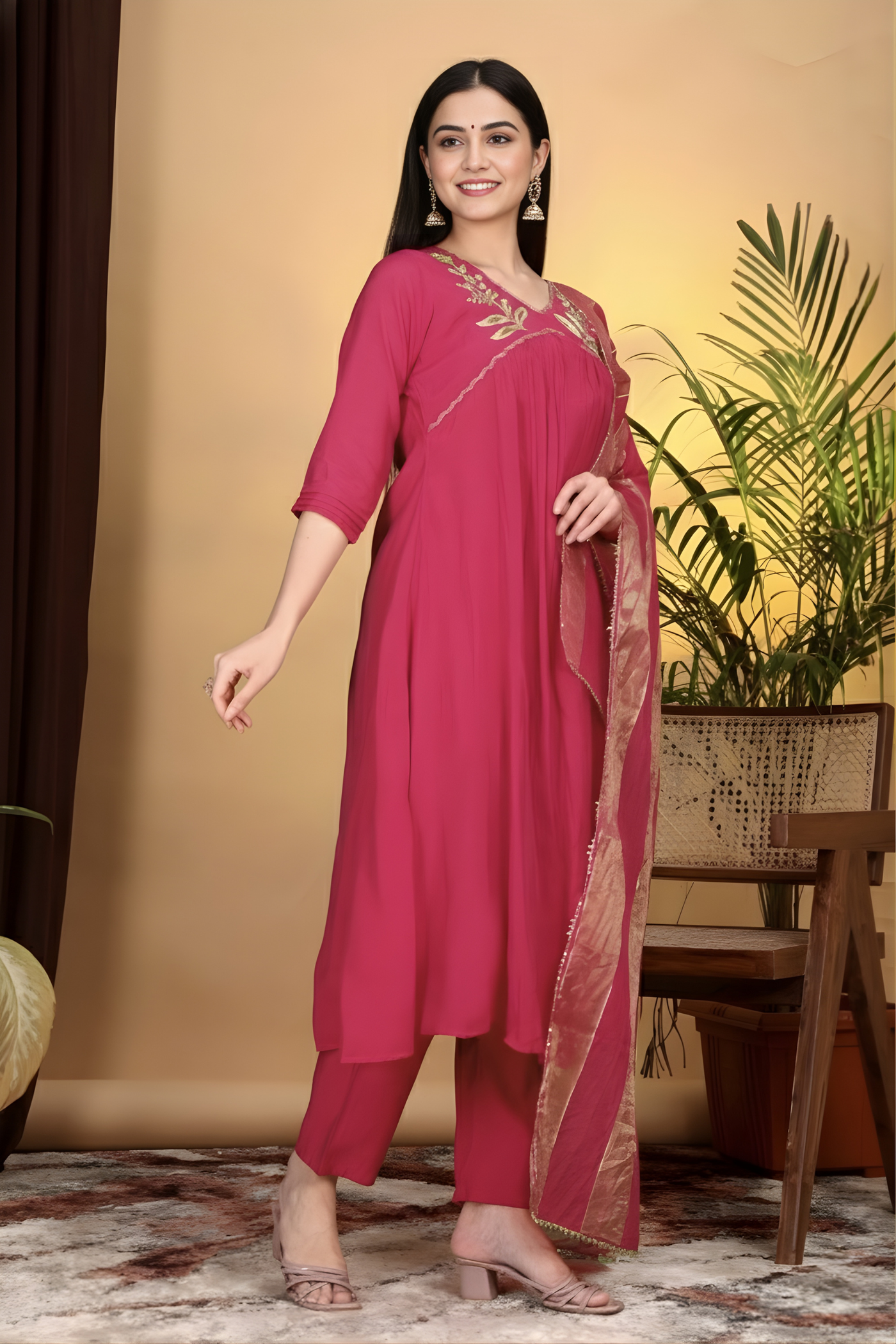 Hand Work Mul Chanderi suit Red