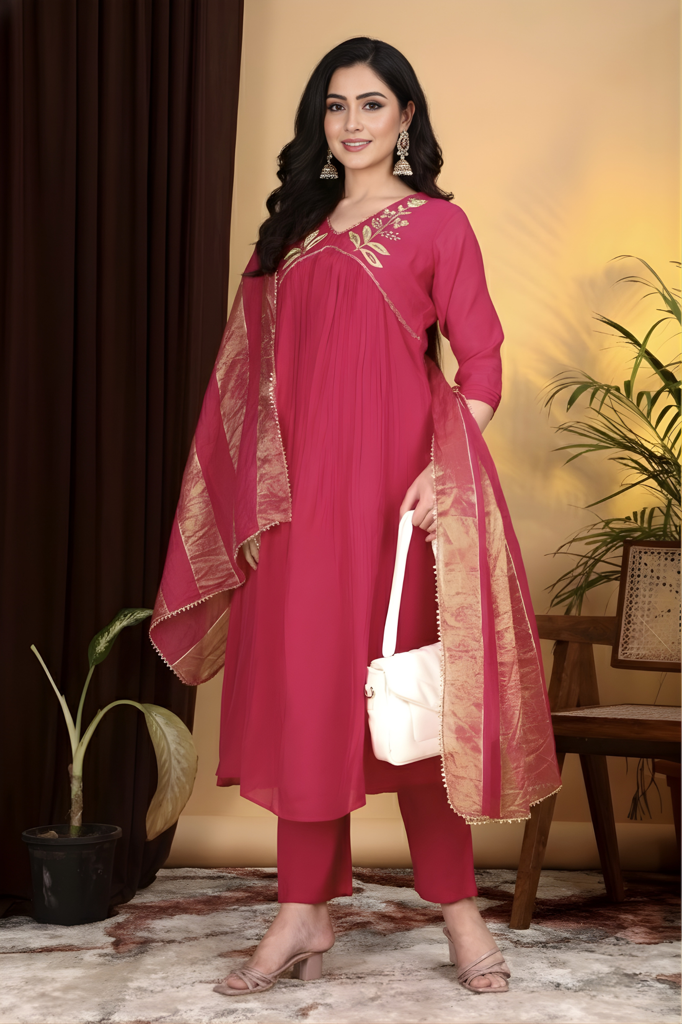 Hand Work Mul Chanderi suit Red