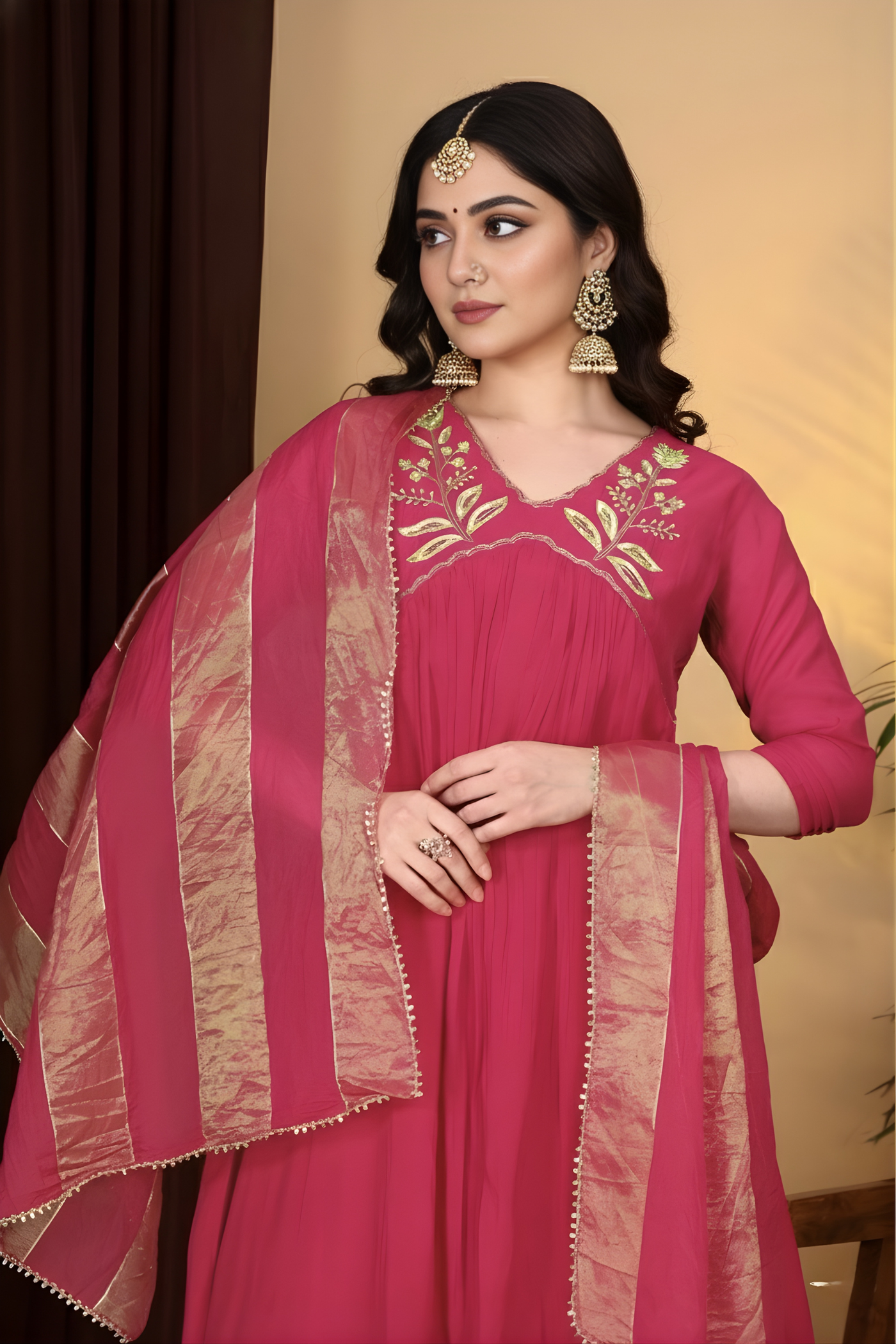 Hand Work Mul Chanderi suit Red