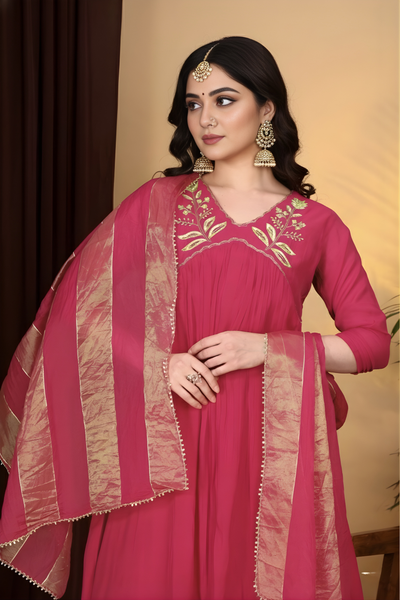 Hand Work Mul Chanderi suit Red