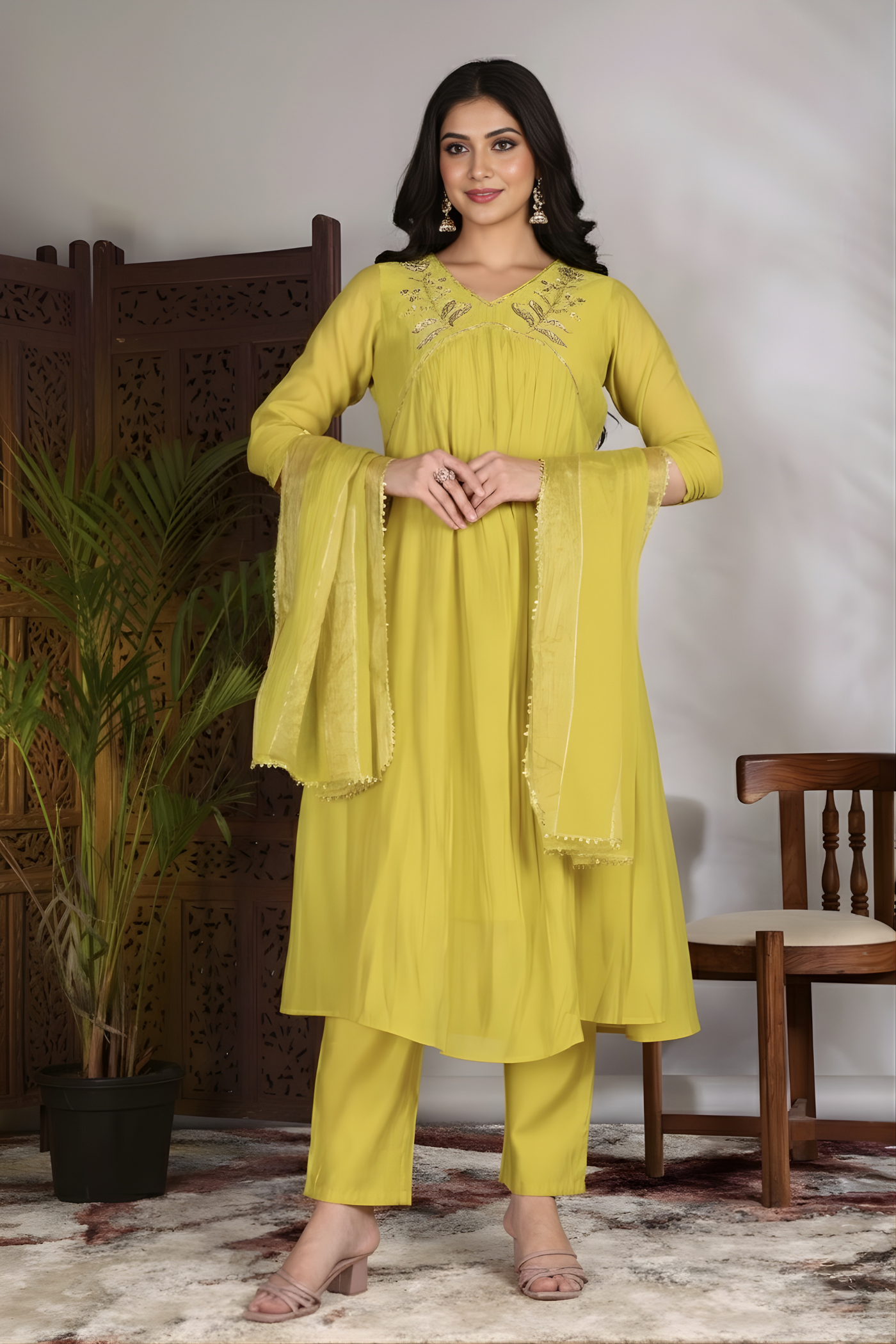 Hand Work Mul Chanderi Suit Yellow