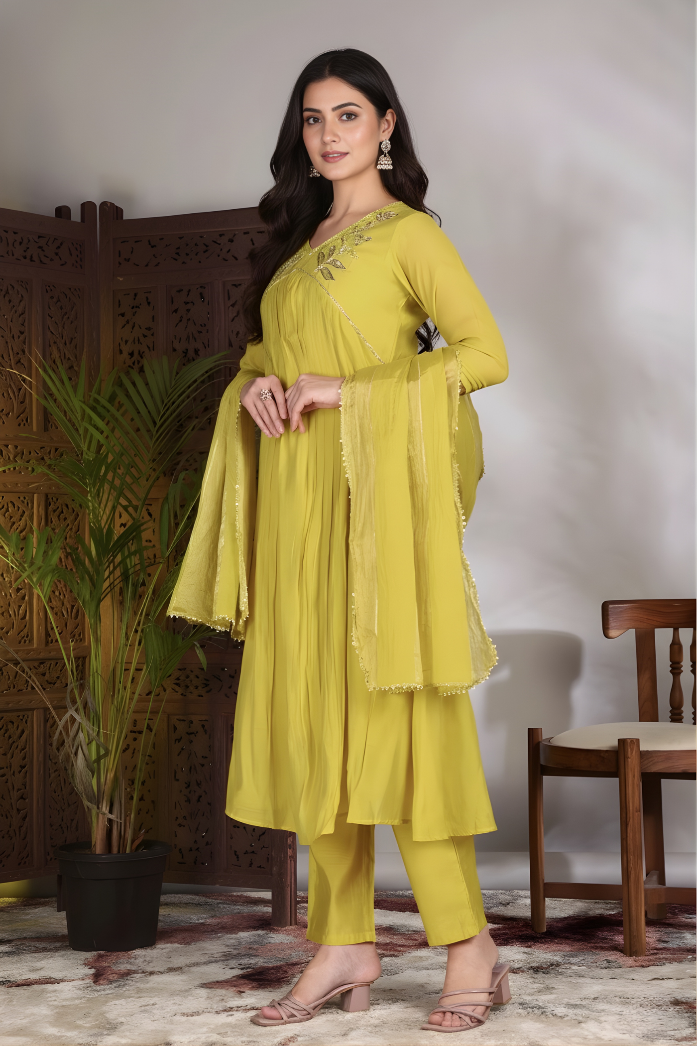 Hand Work Mul Chanderi Suit Yellow