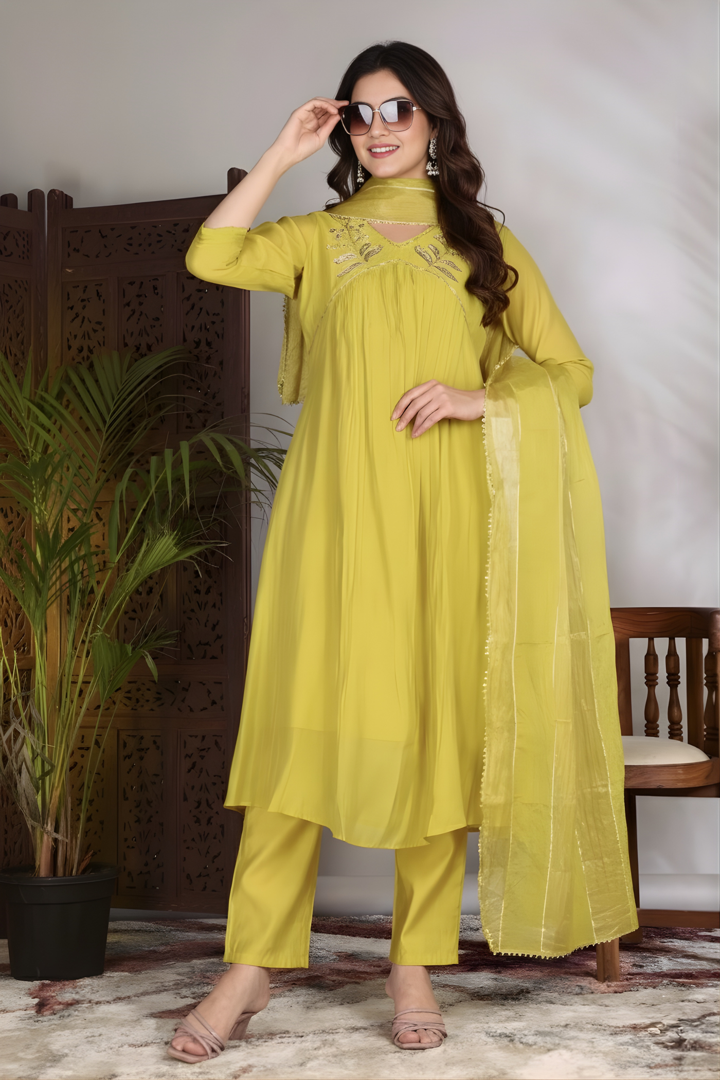 Hand Work Mul Chanderi Suit Yellow
